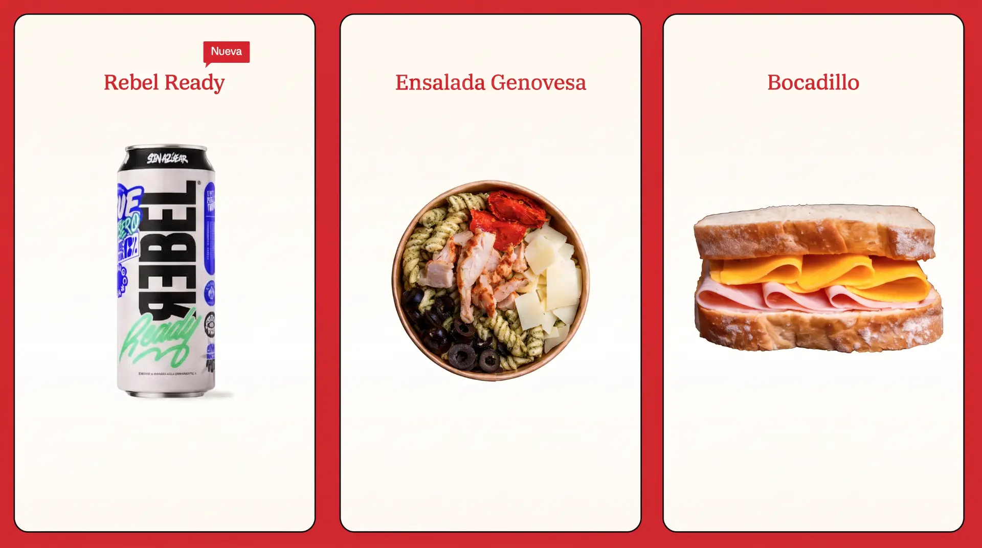 Productos BIG FISH: Rebel Ready, Ensalada Genovesa y Bocadillo